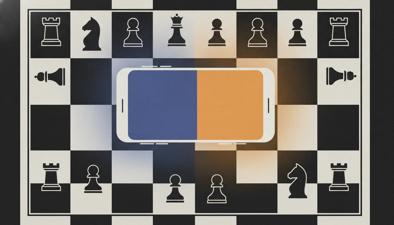 A phone lying flat on a chessboard as a chess clock, its screen split into two halves, the amber side lit for the player to move.