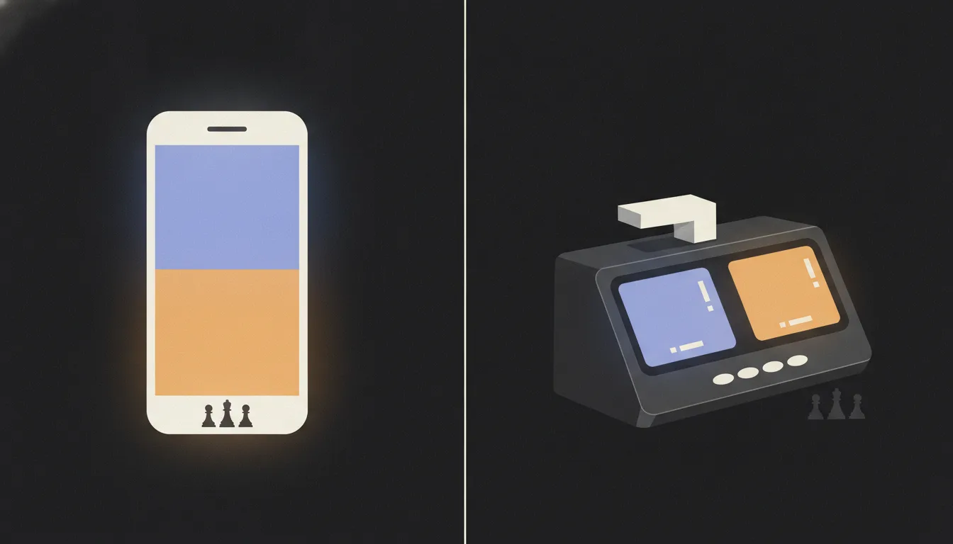 A split image: on the left a phone showing a two-colour chess clock, on the right a digital tournament chess clock with two panels and a rocker lever.